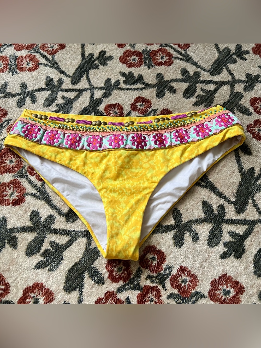 OndadeMar Yellow Bikini Bottom with embellished Pink boho Trim